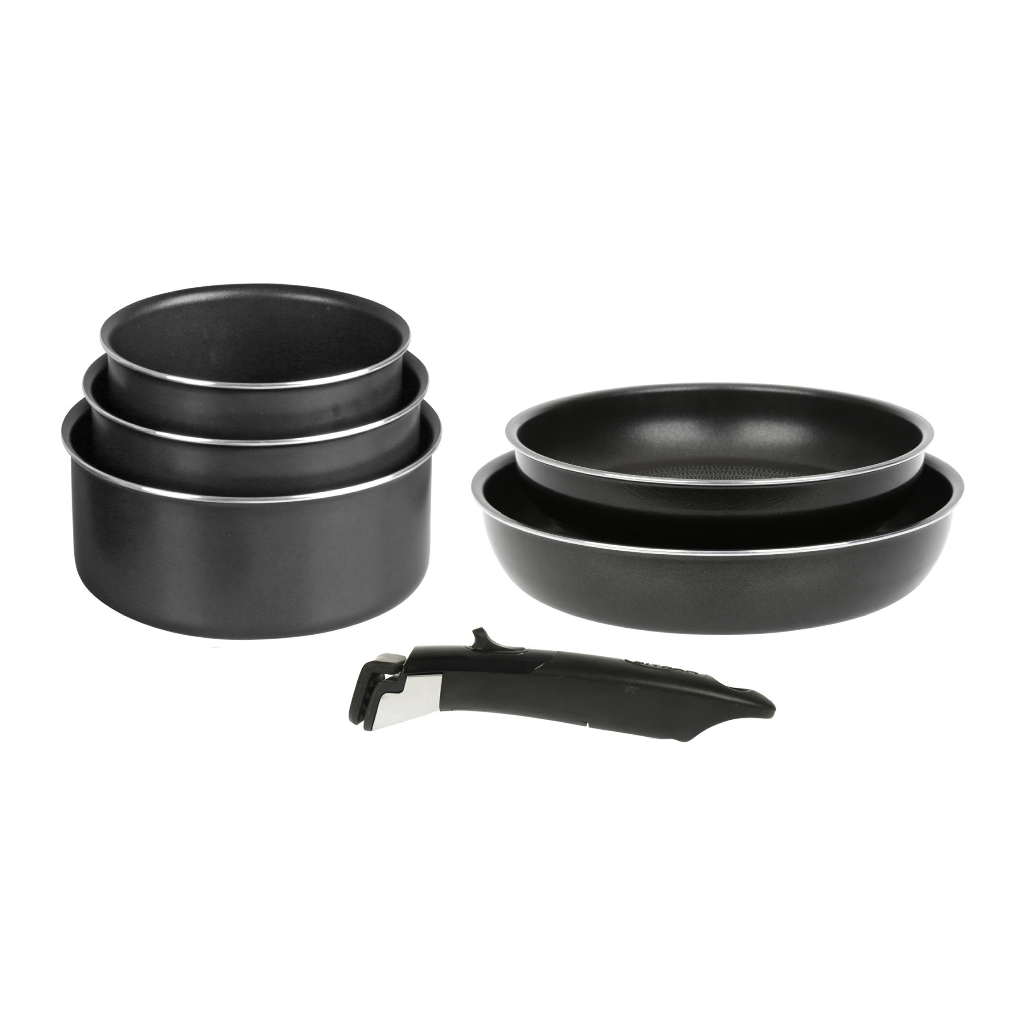 Image de Batterie de cuisine 6 pcs Aluminium noir mat : manche amovible, 2 Poêles Ø24,28 cm, 3 Casseroles Ø16,18,20 cm - Revêtement anti-adhérent sans PFOA - Tous feux dont induction