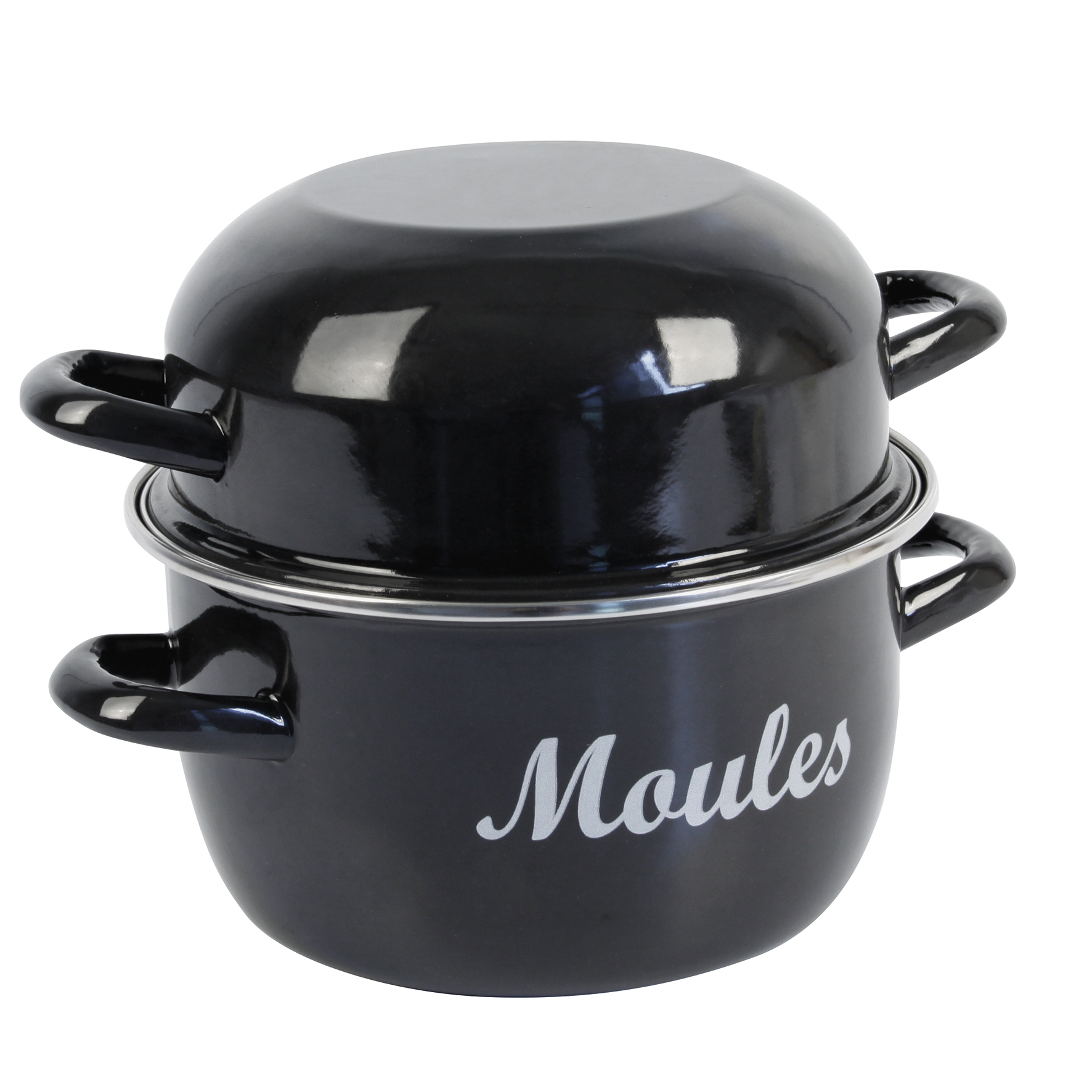 Image de Marmite à Moules traditionnelle en Acier Emaillé Noir Ø20 cm, 2,8 Litres - Casserole à moules compatible tous feux dont induction