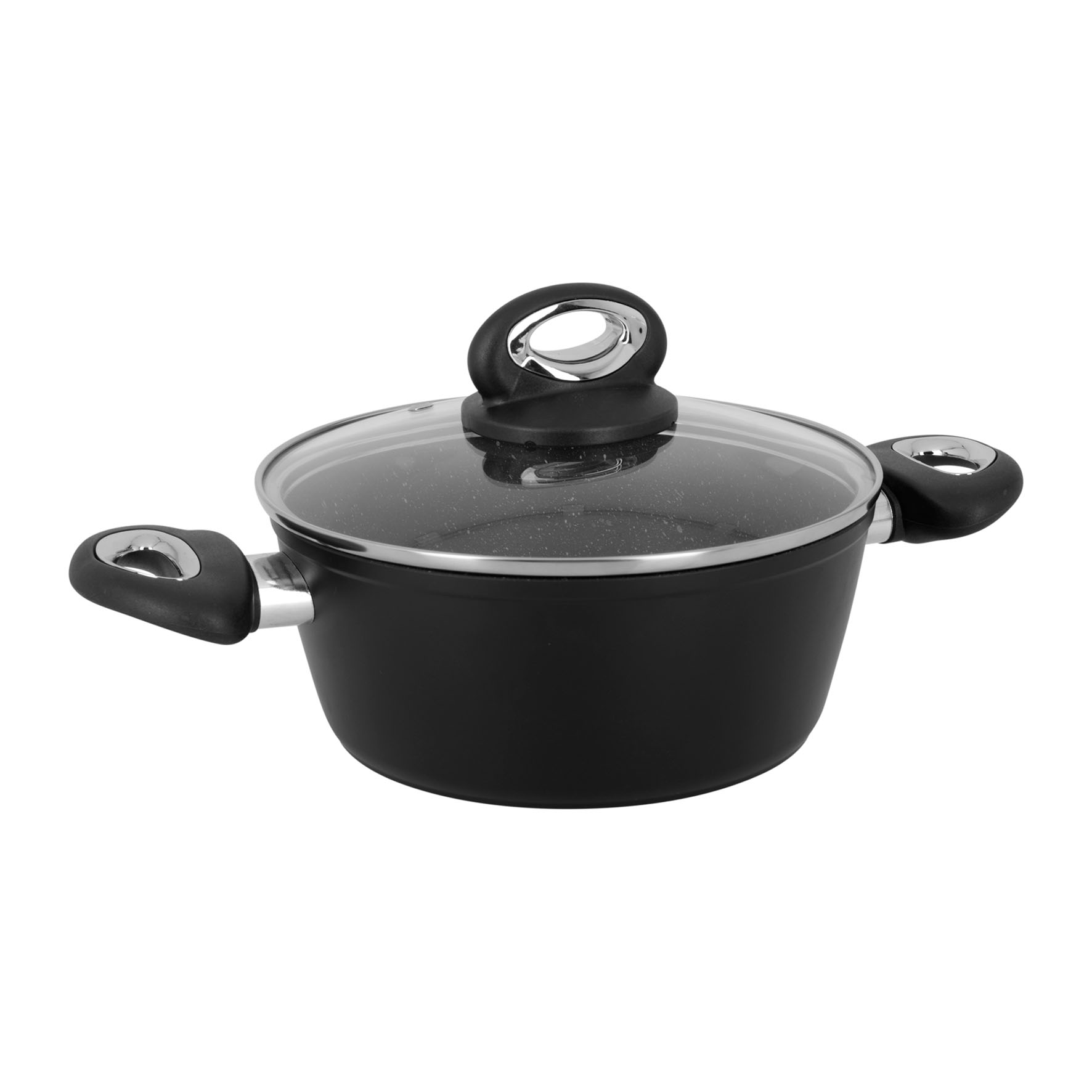 Image de Faitout GRANITY Ø 20 cm H 8,5 cm en Aluminium forgé revêtement Noir Anti-adhérent sans PFOA - Intérieur effet Pierre - Couvercle en Verre - Tous Feux Dont Induction